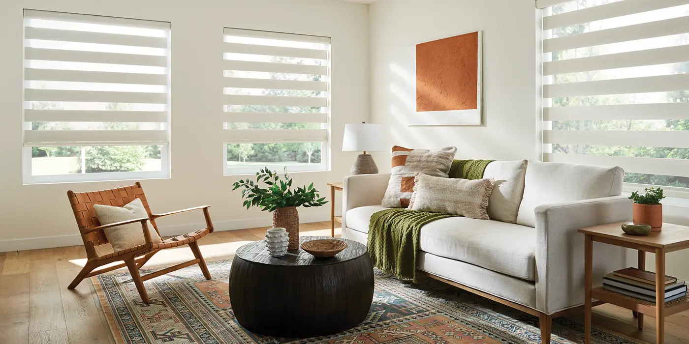 zebra shades with alternating fabric bands in modern interior