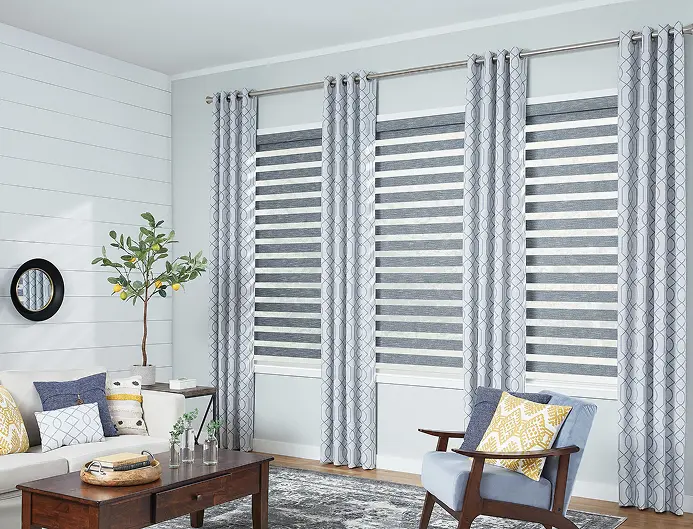 modern zebra shades with alternating fabric stripes filtering light